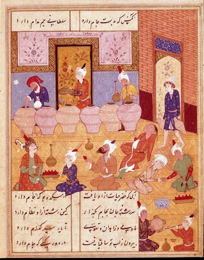 Islamsk kunst: "" bankett med musikere""" Miniatyr som illustrerer diktene til den persiske poeten Hafez (Hafiz Shirazi), persisk manuskript. 1554 San Lorenzo de El Escorial, Royal Library of the Monastery of El Escorial, Madrid av Persian School