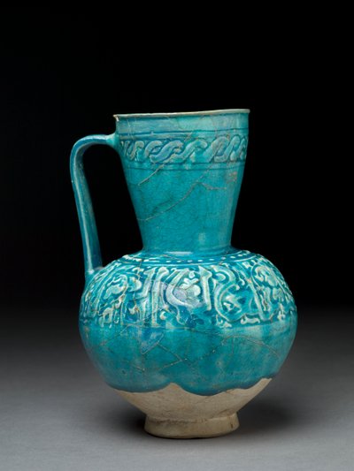 Kanne med støpt dekor, Iran, 1100-tallet (steinpasta med turkis glasur) av Persian School