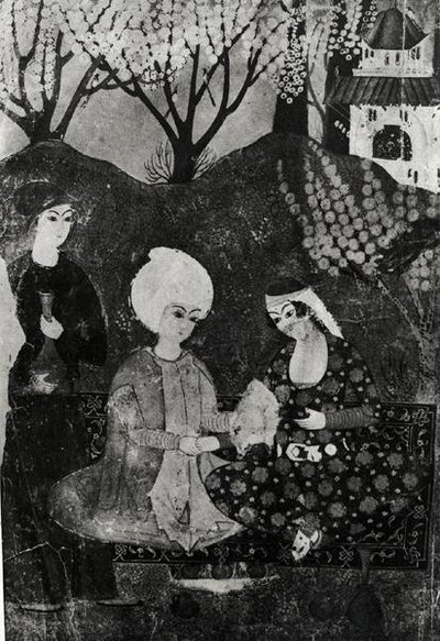 Mann og kvinne i en hage av Persian School
