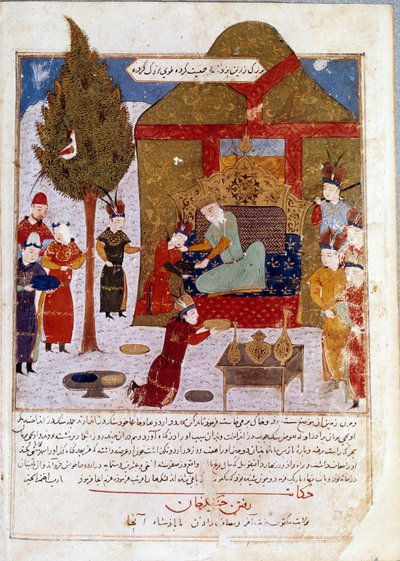 Den mongolske keiseren Genghis Khan (1167-1227) på sin trone i en leir nær Ilmil med barnebarnene Quibalai og Hule Gu persisk miniatyr hentet fra Jami al-Tawarikh (Jami al tawarikh) (Det mongolske imperiets historie) av Rashid al-Din ( al Din) (B.1247-1318 av Persian School
