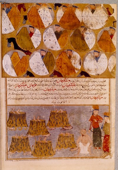 Mongolske telt og fanger av Genghis Khan (1162-1227): Genghis Khan har tilhengere av Djamuqua, en mongol fra Jadjirat-stammen kastet i grytene. Persisk miniatyr hentet fra "" Jami al-tawarikh"" (Jami al tawarikh) eller "" Universal History"" av Persian School