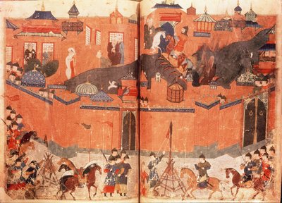 Ms.Sup.Pers.1113.f.180v-181 Mongoler under ledelse av Hulagu Khan stormet og inntok Bagdad i 1258, fra en bok av Rashid al-Din (1247-1318) (vellum) av Persian School