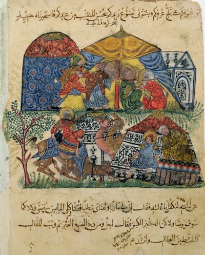 Ms C-23 f.43b, En gammel mann og en ung mann foran teltene til de rike pilegrimene, fra 