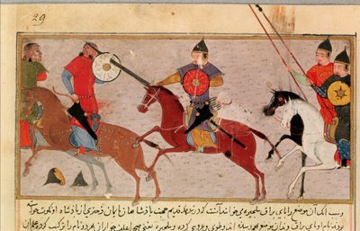 Ms Pers.113 f.29 Genghis Khan (ca. 1162-1227) Fighting the Tartars, fra en bok av Rashid-al-Din (1247-1318) (gouache) av Persian School