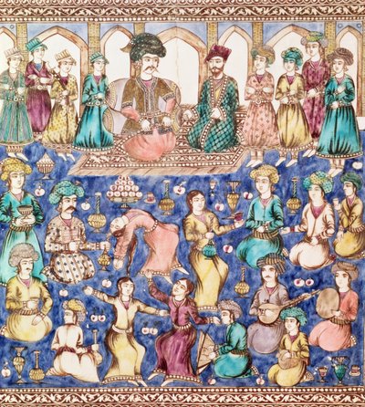 Musikere og dansere ved hoffet til Nasser al-Din Shah Qajar (1831-96) (keramikk) av Persian School