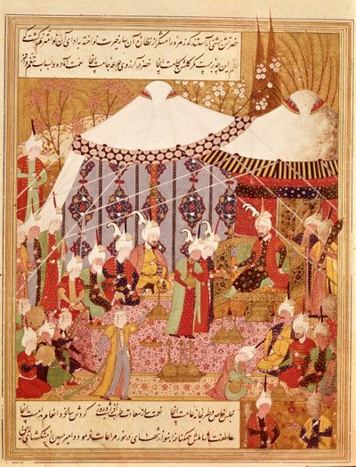 Or.1359 fol. 35 v. Sultan Bayazid Fanget av Timur, 1402 fra Zafarnama 1533 (blekk på vellum) av Persian School