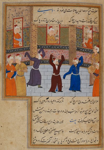 Eller. 11837, f.152 Muhammad Tabadkani (d.1486) danser med dervisjer, illustrasjon fra 