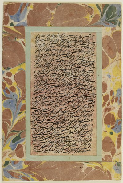 Side med kalligrafi, løsrevet albumfolio, 1800-tallet (blekk på papir montert på papp) av Persian School