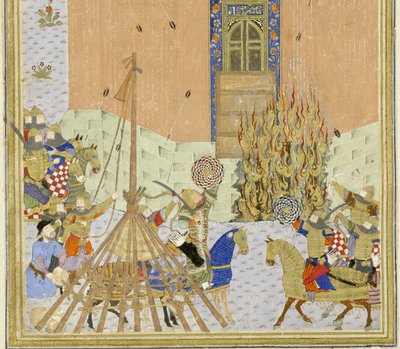 Persisk 239 fol.223a Detalj: Festningen Gang Dizh angrep med miner, illustrasjon fra Shahnama (Kongenes bok), av Abul-Qasim Mansur Firdawsi (ca.934-c.1020), 1444 av Persian School
