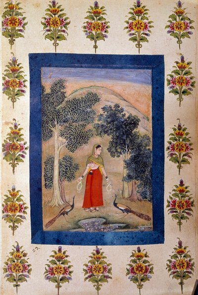 Persisk kunst: dame med to blomsterkjeder som hun presenterer har to påfugler. Persisk miniatyr av Persian School