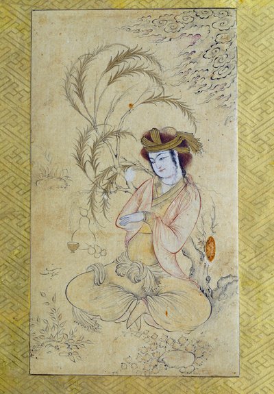 Persisk kunst: "" ung mann som vender tilbake under en pil"" Anonym Gouache fra 1600-tallets Paris, Louvre-museet av Persian School