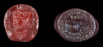 Persisk kunst: camee av Kavadh I (eller Qobad, Kobad, Kabad) (488-496 e.Kr.) konge av det andre persiske imperiet og agatstempel fra sassanidperioden. 5. eller 6. århundre e.Kr. Paris, B.N. av Persian School