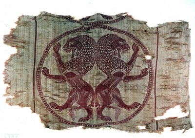 Persisk kunst: brodert stoff som representerer to løver av sassanid-inspirasjon. 8. århundre e.Kr. Privat samling av Persian School