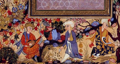 Persisk miniatyr som representerer en underholdningsscene med musikere. Detalj av en gouache fra 1500-tallet. Paris, Louvre-museet av Persian School