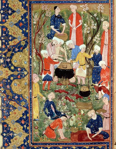 Tilbereder et måltid, illustrasjon fra et episk dikt av Hafiz Shirazi, Safavid av Persian School