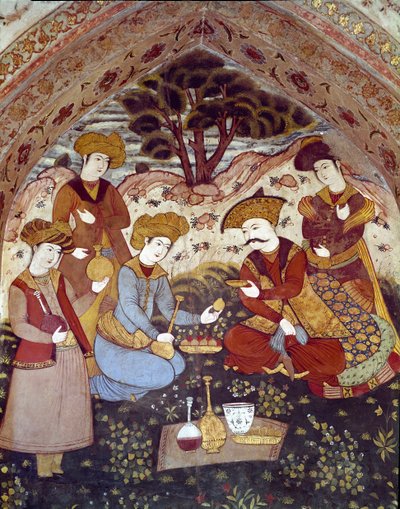 Representasjon av Abbas I den store servert av kurtisaner (Detalj av en fresco av Persian School