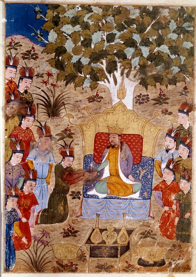 Representasjon av Chaghtai Khan (1227-1242) på tronen hans, han er sønn av Genghis Khan til hest. Persisk miniatyr hentet fra Jami al-Tawarikh" (Jami al tawarikh) eller ""Universal History"" av historikeren Rashid al-din (al din) (1247-1318) Rundt 1430. av Persian School