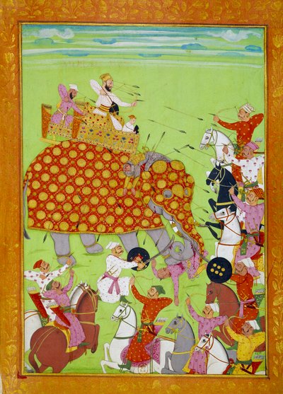 Representasjon av Murad (Mourad) Baksh (1624-1661), sønn av Mughal-keiseren Shah Jehan (eller Shah Jehan, Shahjehan) som kjemper på en elefant. Persisk miniatyr fra 1600-tallets Paris, B.N. av Persian School