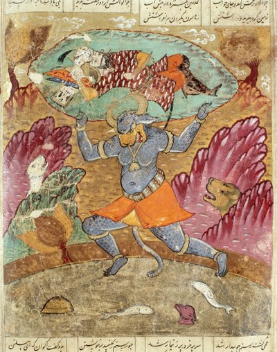 Rostam båret av Akwan-Diwa, illustrasjon fra Shahnama (Kongenes bok) av Abul-Qasim Manur Firdawsi (ca.934-c.1020) 1619 av Persian School
