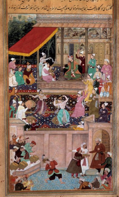 Scene med dans, musikk, underholdning ved hoffet til en sultan. Persisk miniatyr av Persian School