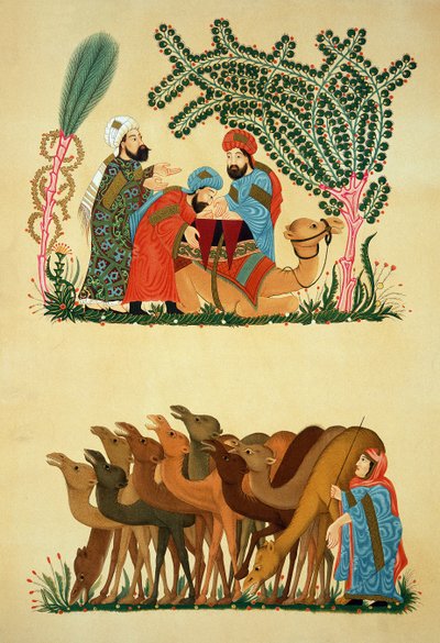 Scener hentet fra et manuskript av Maqamat of Al-Hariri, gravert av Lestel, utgitt av Lemercier, Paris av Persian School