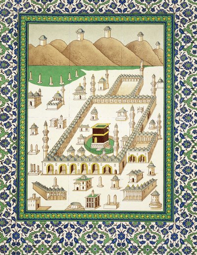 Skjematisk utsikt over Mekka, som viser Quabah, fra en bok om persisk keramikk (trykk) av Persian School