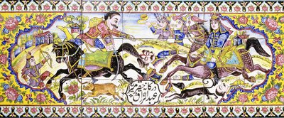 Andre kartusj fra et langt panel av cuerda seca-fliser, som viser jakt- og kampscener, 1800-tallet av Persian School