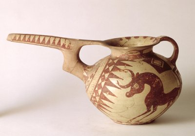 Utsprøytet kar med dekorative mønstre som symboliserer solen og månen, fra Sialk, Iran, 1. årtusen f.Kr. (leire) av Persian School