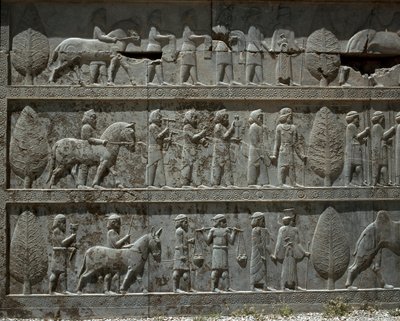 Underdanige folk tilbyr gaver til Darius I. Relieffer av den østlige trappen til Apadana, 600-tallet f.Kr. av Persian School