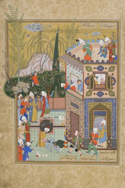The Fickle Old Lover is Knocked Off the Rooftop, folio fra en Haft awrang (Seven thrones) av Jami (d.1492) sannsynligvis Mashad, Khurasan, Iran, Safavid-dynastiet, 1556-1565 (blekk, ugjennomsiktig akvarell og gull av Persian School