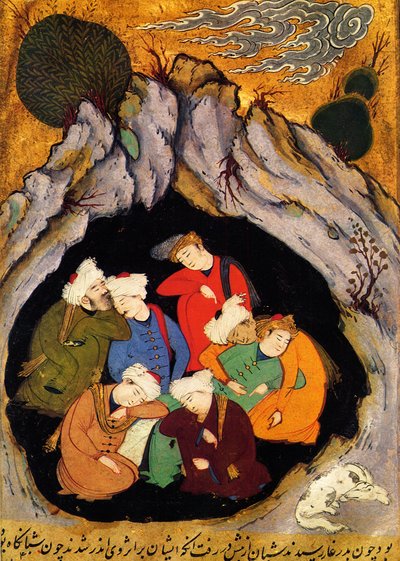 "The Sleeping Seven of Ephesus"" fra "The Golden Legend" av Jacobus (James) de Voragine (1228-1298). Xilografi fra det XVI århundre. Persisk miniatyr fra 1500-tallet av manuskriptet "History of the Prophets", ca. 1550 av Persian School