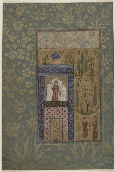 To ungdommer foran en prinsesse ved et vindu, ca. 1417-18 (ugjennomsiktig akvarell og gull på papir) av Persian School
