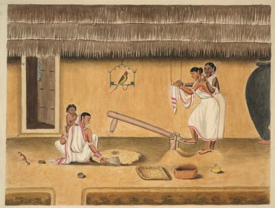 Kvinner som skreller paddy med en dhenki, ca. 1840 (akvarell på papir) av Persian School