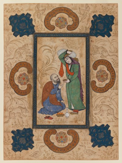Ung kvinne tilbyr vin til en vismann (blekk og ugjennomsiktig wc på papir) av Persian School