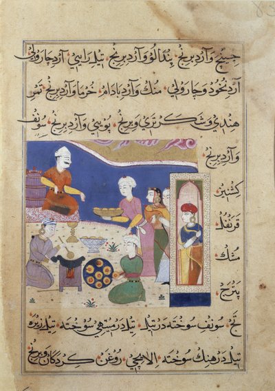 f.83v Tilberedning av søtsaker til sultanen av Mandu, fra et manuskript om indisk matlaging (vellum) av Persian School