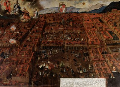Utsikt over Cuzco på tidspunktet for jordskjelvet i 1650 av Peruvian School