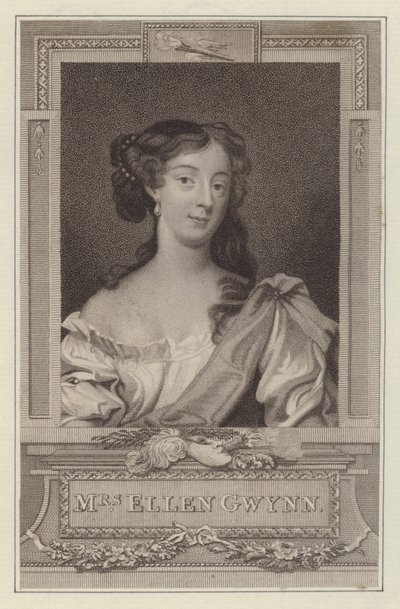 Nell Gwyn, elskerinne til kong Charles II (gravering) av Peter (after) Lely