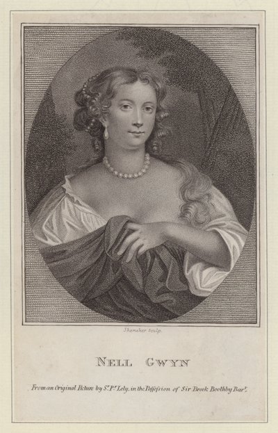 Nell Gwyn, elskerinne til kong Charles II (gravering) av Peter (after) Lely