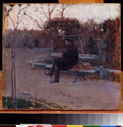 On the Boulevard (On the Boulevard). En mann alene, sittende på en benk i kulden, i nærheten av ham, en ryggsekk og en verktøykasse. Maleri av Pyotr Alexandrovich Nilus (Pierre Nilous) (Nilouss) (1869-1940/1943), olje på lerret av Peter Alexandrovich Nilus