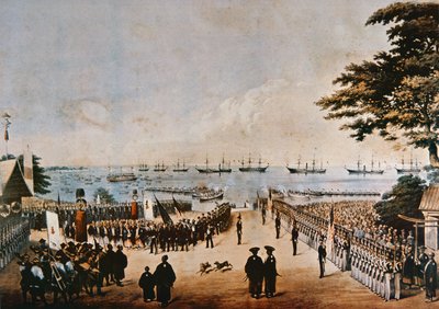 Commodore Perry lander i Japan for å møte de keiserlige kommissærene i Yokohama, 8. mars 1854 av Peter Bernhard Wilhelm Heine