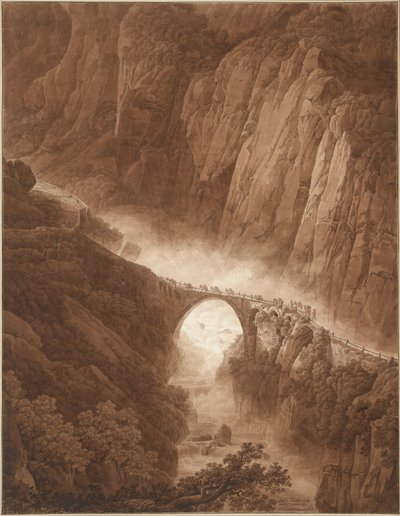 Djevelens bro i Schöllenen-juvet på vei over St. Gotthard-passet med et muldyrtog av Peter Birmann