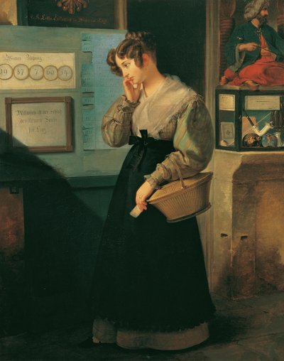 Jente foran en lotteributikk, 1829. av Peter Fendi