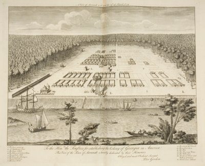 A View of Savannah slik den sto den 29. mars 1734, gravert av P. Fourdrinier, London, ca. 1735 (gravering) av Peter Gordon