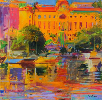 Riviera Reflections-Cannes, 2022 (olje på lerret) av Peter Graham (Contemporary)