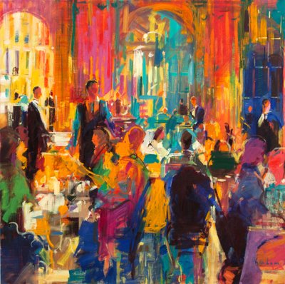 Elegansetiden, Waldorf-huset, 2021 (olje på lerret) av Peter Graham