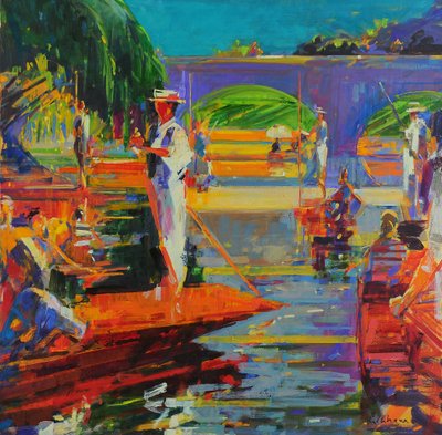 Båtfolk, Cambridge (olje på lerret) av Peter Graham