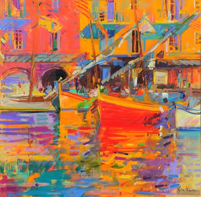 Harbour Reflections, Cote du Midi, 2021 (olje på lerret) av Peter Graham