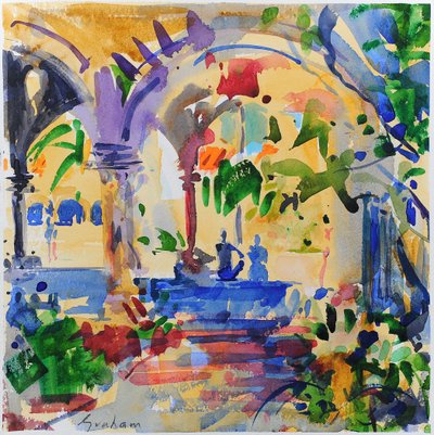 Stanford Cloisters, California, 2022 (akvarell) av Peter Graham