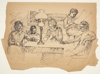 Kunstnerens familie sitter rundt et bord med en parafinlampe av Peter Hansen