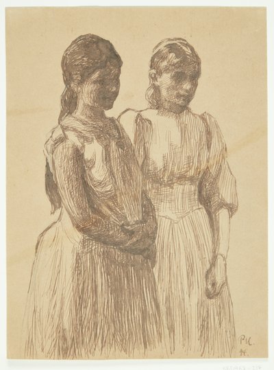 To unge jenter. Studie for maleriet "Ball i en provinsby" (Gøteborgs kunstmuseum) av Peter Hansen
